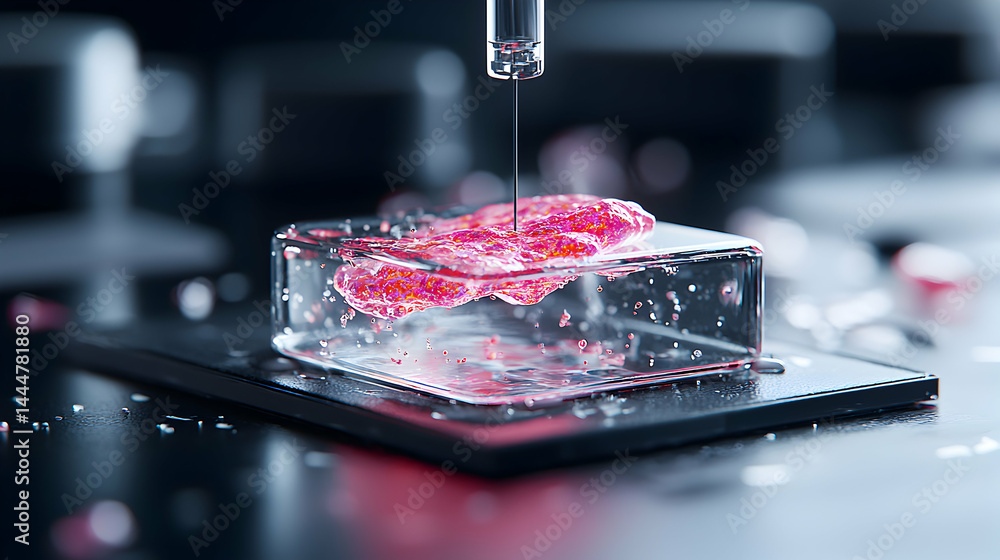 Poster this image depicts a lab setting with a scientific instrument focused on a biological sample. it sug