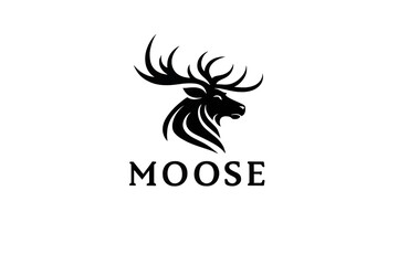 Obraz premium Minimalist Moose Head Logo – Black Silhouette Design with Bold Typography for Outdoor Branding