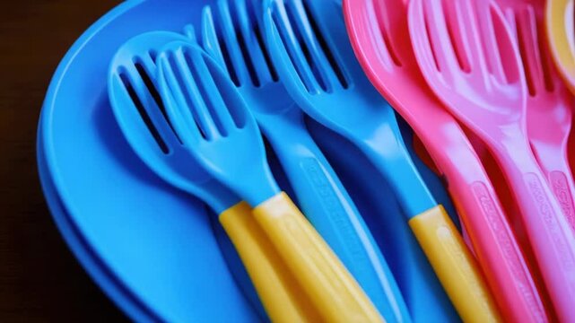 A close-up shot of a bunch of plastic utensils, including spoons and forks