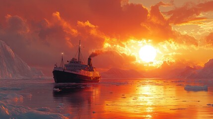 Fototapeta premium Vintage steamer navigates polar waters under the radiant glow of the setting sun