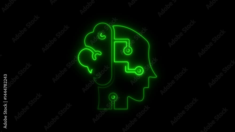 Poster artificial intelligence glowing neon head with brain connection abstract visualization