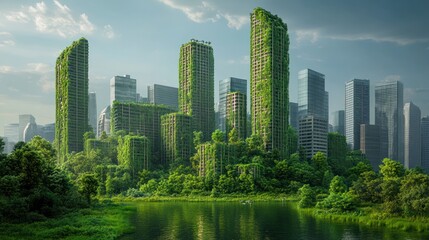 Fototapeta premium Urban ecology in a future city: nature reclaims buildings and architecture