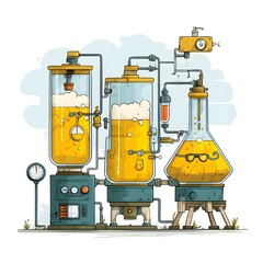 Fototapeta premium A whical illustration depicts a cartoon beer brewing apparatus with multiple glass tanks and pipes producing foamy golden beer.