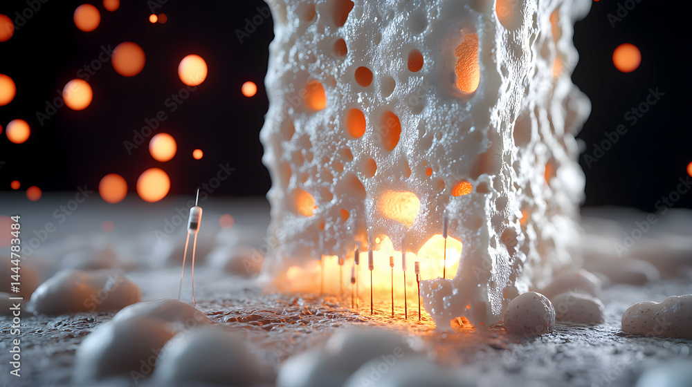 Poster abstract artwork featuring a porous white structure illuminated by orange lights suggesting a micros