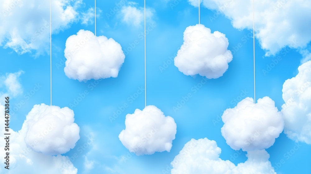 Poster white fluffy clouds hang from strings against a bright blue sky, creating a whimsical and imaginativ