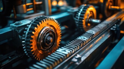 Fototapeta premium Intricate mechanism featuring gear wheels and cogged rack for sophisticated machinery