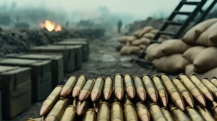 A pile of bullets lies in the foreground of a war-torn trench, with sandbags, crates, fire, and soldiers blurred in the background.