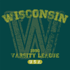 Vintage varsity college typography united states of america wisconsin slogan text print with grunge texture for graphic tee t shirt or sweatshirt hoodie or sticker poster - Vector