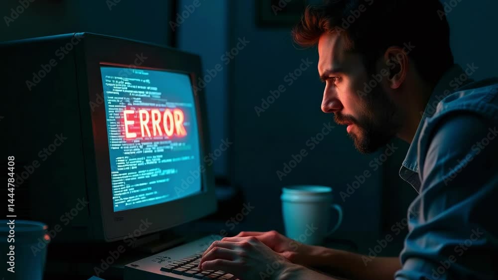 Poster a focused man working late at a vintage computer displaying an error message, surrounded by coffee c