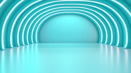 A futuristic, empty room with glowing turquoise arches and a smooth reflective floor.