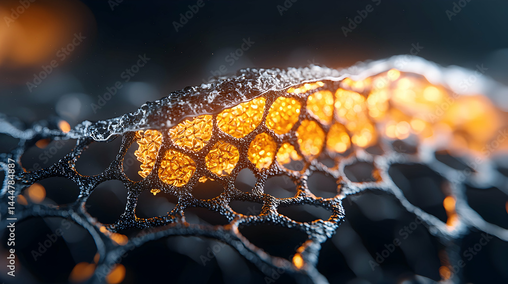 Poster abstract honeycomb structure with glowing cells. suggests energy science or advanced materials. grea