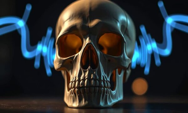 human skull with neon waves