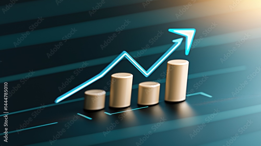 Aufkleber a 3d bar graph with four ascending columns and an upward arrow line, symbolizing growth and positive
