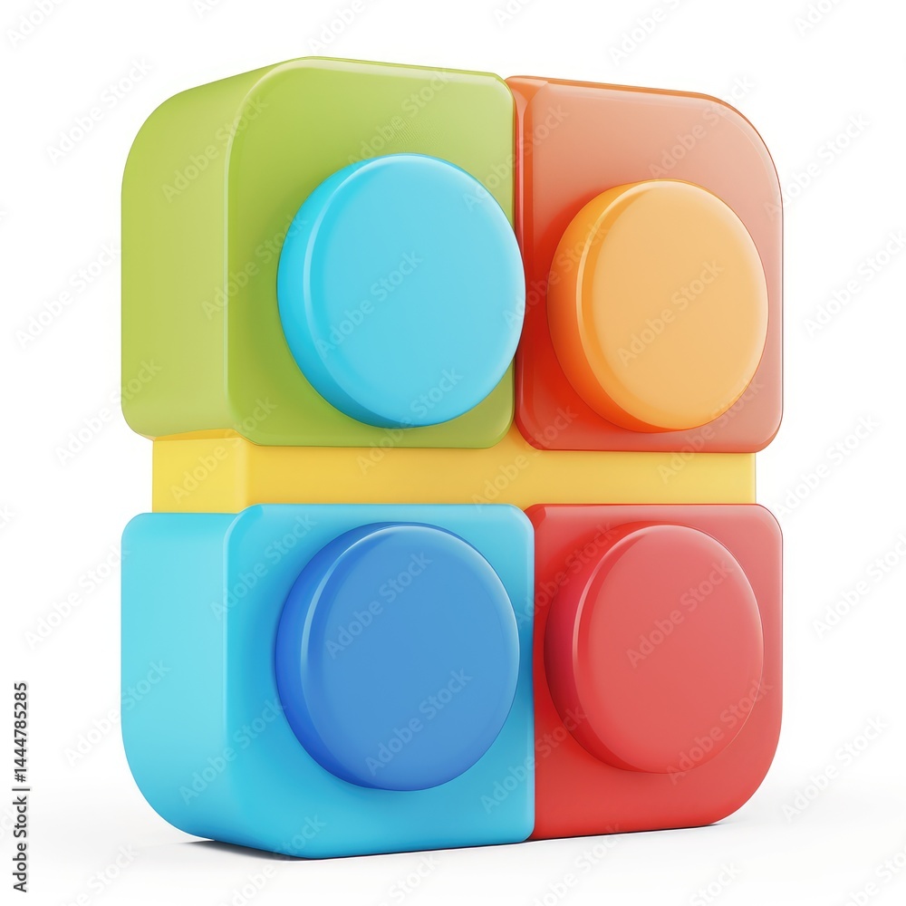 Poster colorful interlocking building blocks in a geometric design.