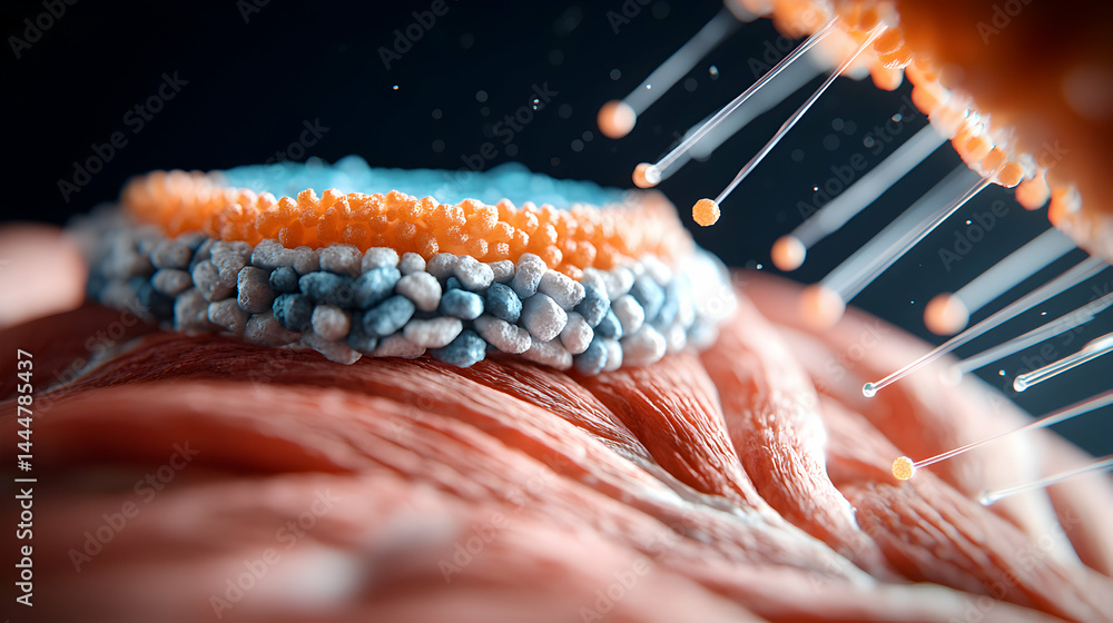 Poster a detailed artistic rendering of biological structures. shows the intricate layers of cells and conn