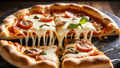 A mouthwatering pizza featuring stretchy melted cheese, sliced tomatoes, and basil leaves, highlighting an inviting culinary experience.
