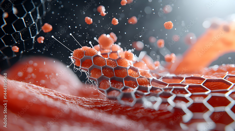 Poster microscopic view of a cellular structure or medical visualization depicting biological interactions.
