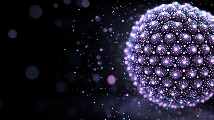 A glowing, geometric sphere with clustered particles floats against a dark, starry background.