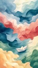 This paper boat illustration features stylized waves and a smoother, line-textured finish. Its soft and layered look suits editorial design, children's visuals, and inspirational quote backgrounds.