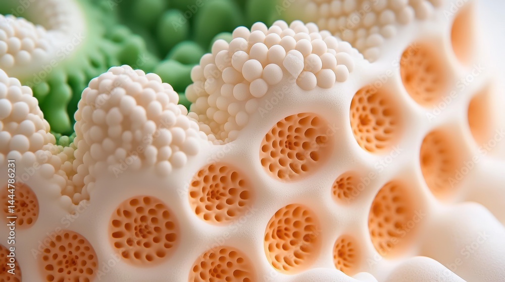Poster abstract close-up of a porous, organic structure with circular patterns in orange and green tones.