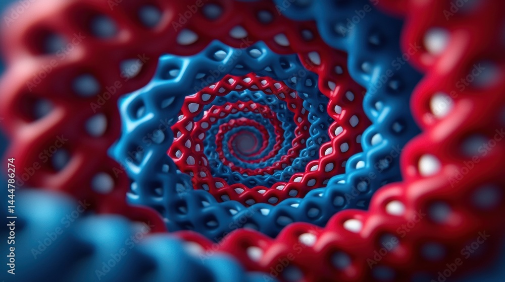 Poster a colorful, abstract spiral pattern in red and blue with a textured, lattice-like design, creating a