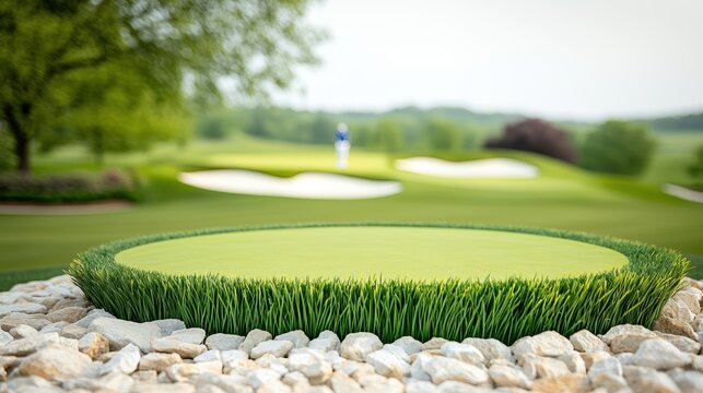 A golf course with manicured grass, sand bunkers, and a golfer in the distance on a bright day.