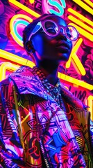 Vibrant African Woman in Retro Fashion against Neon Backdrop Displaying Style