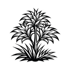 Silhouette Palm Tree with Grass, Isolated on White Background, Tropical Flora Icon