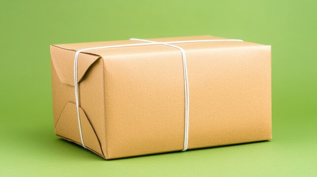 A cardboard package tied with string sits on a green background.