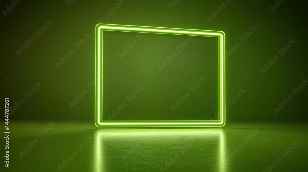 Poster a glowing neon green rectangular frame stands on a reflective surface against a dark green backgroun