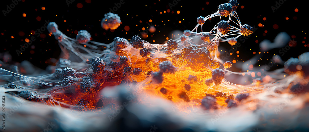 Poster abstract digital art depicting microscopic cellular structures in vibrant colors. ideal for scientif