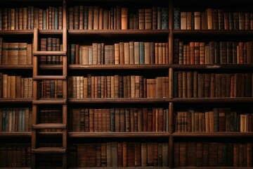 Wooden ladder leaning on bookshelf full of antique books