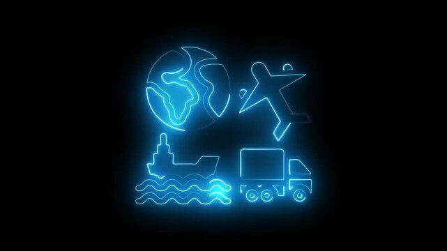 Glowing neon logistics icon isolated on black background. HD Video motion graphic animation