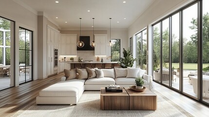 Fototapeta premium Cozy Living Room Featuring Spacious Window and Comfortable Couch Creating a Warm Inviting Atmosphere