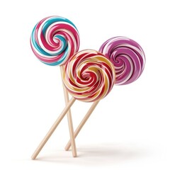 Colorful swirl lollipops on wooden sticks.