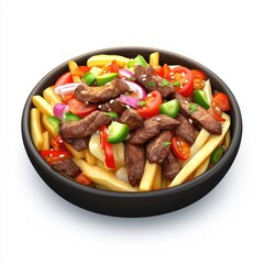 Savory beef and vegetable fries in a dark bowl.