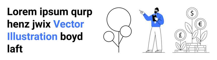 Person holding clipboard pointing at diagram, tree with blank circles, plants growing coins. Ideal for finance, investment, planning, innovation, business growth, education simple landing page