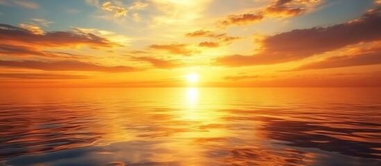 Fototapeta premium Ocean sunset; fiery sky, calm sea, travel