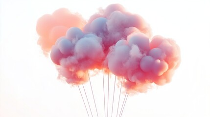 Pink and blue fluffy clouds tied with strings on a white background.