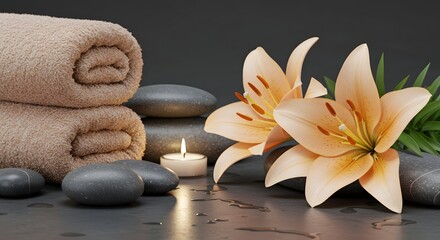 Spa Still Life with Lily, Towel and Stones