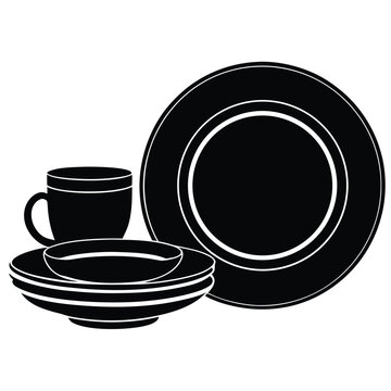 Tablespoon,Table knife,Fork And Plate Dinner Set Vector Illustration, Cutlery, Plate, Plate with cutlery and long shadows, Place Setting Silhouette.