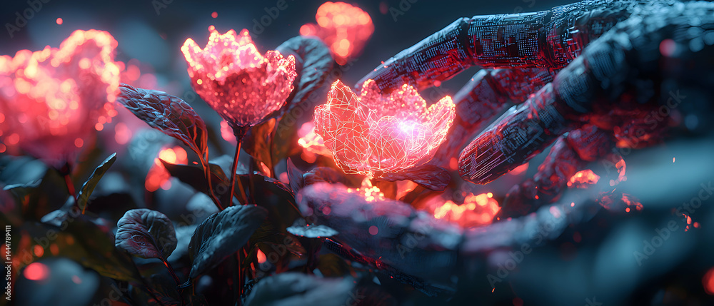 Poster a futuristic image with glowing flowers and a mechanical hand. ideal for sci-fi art or tech-themed d