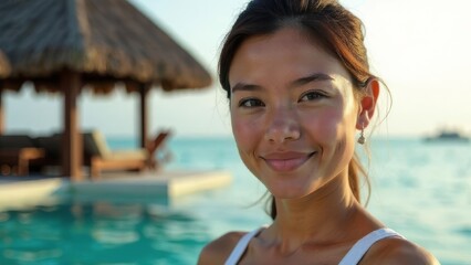 Asian woman poses in front of the camera on a sandy beach