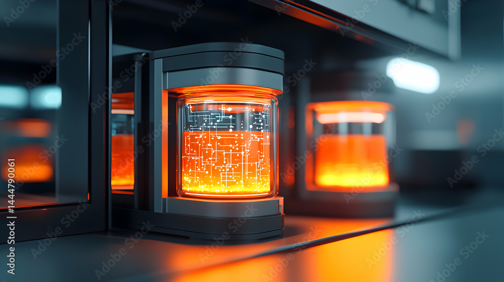 Poster a futuristic glowing energy storage device with a digital circuit-like design. ideal for visualizing