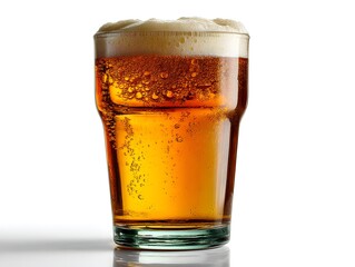 A refreshing glass of golden beer with a thick head of foam sits on a white background perfect for beer advertisements.