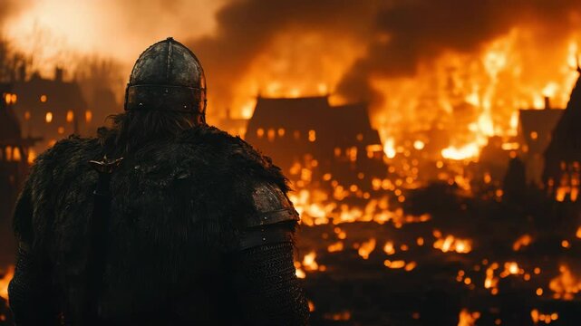 Medieval Knight Standing in Front of Fire - Historical Warrior Illustration
