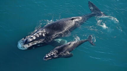 Naklejka premium Southern Right Whale Mother and Calf Swimming Together