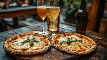 Two pizzas, drinks on a rustic table