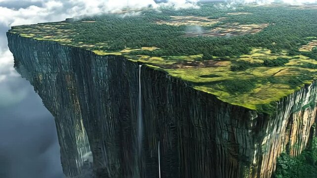 Stunning aerial view of a tepui with waterfalls and lush greenery in the clouds
