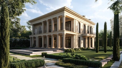 Fototapeta premium Architectural marvel showcasing a mansion with classical detailing amidst lush gardens